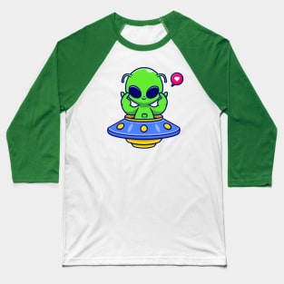 Cute Alien Riding UFO With Love Sign Cartoon Baseball T-Shirt